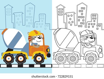 vector cartoon of cute kitten driving mixer truck, coloring page or book