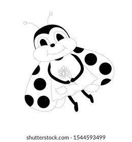 Vector cartoon cute ladybug in a  dress holding a flower in her paws. Outline illustration.