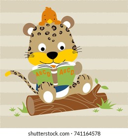 vector cartoon of cute leopard sitting on tree trunk with little bird reading a book