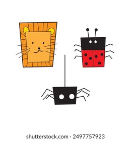 vector cartoon of cute lion, ladybug and spider