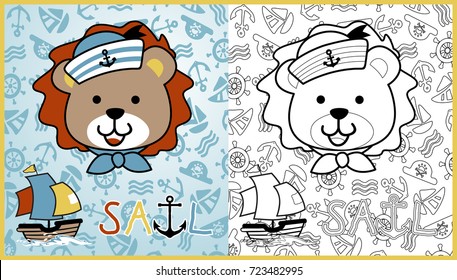 vector cartoon of cute lion the sailor with sail boat on sailing element background pattern, coloring book or page