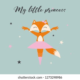Vector cartoon cute little fox as a ballerina. 