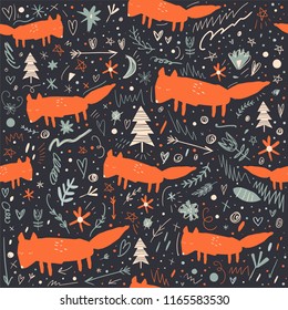 Vector cartoon cute little foxes woodland pattern. It may be used for greeting card, wall art, phone case, t-shirt and more
