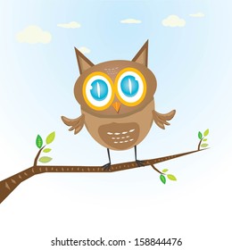 vector cartoon cute little owl bird on tree branch