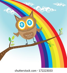 vector cartoon cute little owl bird on tree branch