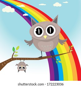 vector cartoon cute little owl bird on tree branch
