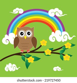 vector cartoon cute little owl bird on tree branch