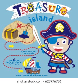 vector cartoon of cute little pirate with pirate sailing elements
