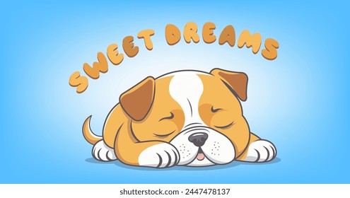 Vector de dibujos animados lindo pequeño perrito rojo durmiendo. Calma perro doméstico de pura raza. Mascota. Dulces sueños. Fondo azul.