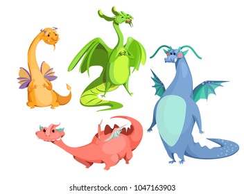 Vector cartoon cute magic dragons set. Blue red green orange color funny mythological creatures, fairy tale medieval monsters, happy fantastic flying animals smiling. Isolated background illustration