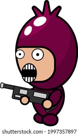 dibujo vectorial lindo personaje de mascota simple disfraz de shallot sosteniendo una pistola