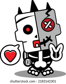 vector cartoon cute mascot skull character voodoo doll love peace