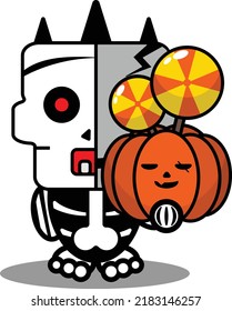 vector cartoon cute mascot skull character voodoo doll holding pumpkin candy