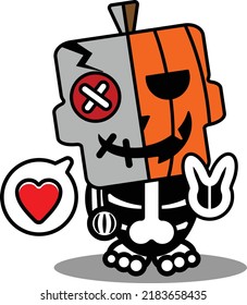 vector cartoon cute mascot skull character voodoo doll pumpkin peace love