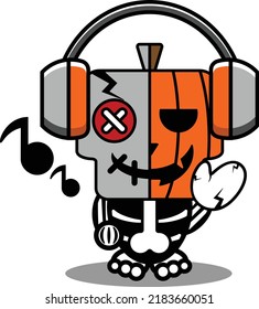 vector cartoon cute mascot skull character voodoo doll pumpkin listening to music
