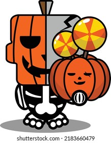 vector cartoon cute mascot skull character voodoo doll pumpkin holding candy