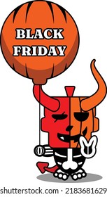caricatura vectorial lindo calabaza de mascota calabaza diablo personaje rojo sostiene globo negro de viernes