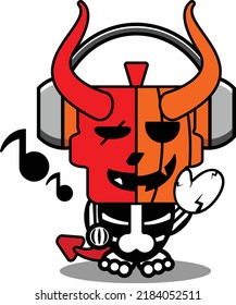 vector cartoon cute mascot skull pumpkin devil red character listening to music