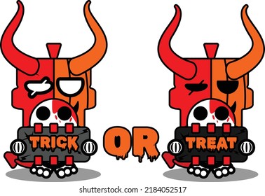 vector cartoon cute mascot skull pumpkin devil red character holding trick or treat board
