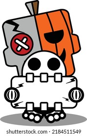 vector cartoon cute mascot skull character voodoo doll pumpkin holding skull board