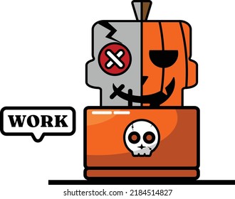 vector cartoon cute mascot skull character voodoo doll pumpkin working