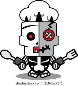 vector cartoon cute mascot skull character voodoo doll chef spoon and fork