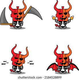 vector cartoon cute mascot skull pumpkin devil red character set bundle halloween