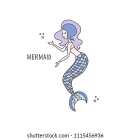 Vector cartoon cute  mermaid . Under the sea vector illustration, greeting card.