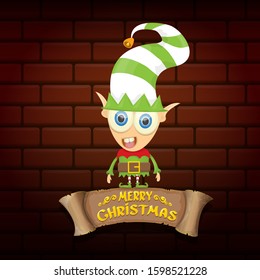 vector cartoon cute merry Christmas elf on brown background with christmas lights and gretting calligraphic text on old vintage paper ribbon. merry christmas vector illustration