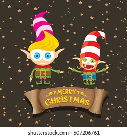 vector cartoon cute merry Christmas elf on brown background with christmas lights and gretting calligraphic text on old vintage paper ribbon. merry christmas vector illustration
