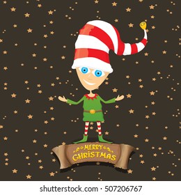 vector cartoon cute merry Christmas elf on brown background with christmas lights and gretting calligraphic text on old vintage paper ribbon. merry christmas vector illustration