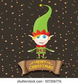 vector cartoon cute merry Christmas elf on brown background with christmas lights and gretting calligraphic text on old vintage paper ribbon. merry christmas vector illustration