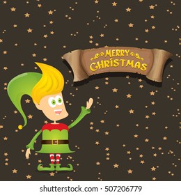 vector cartoon cute merry Christmas elf on brown background with christmas lights and gretting calligraphic text on old vintage paper ribbon. merry christmas vector illustration