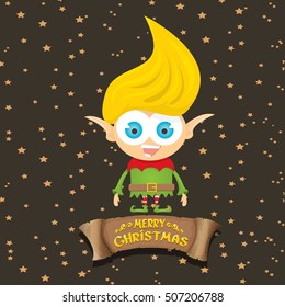 vector cartoon cute merry Christmas elf on brown background with christmas lights and gretting calligraphic text on old vintage paper ribbon. merry christmas vector illustration