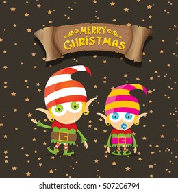 vector cartoon cute merry Christmas elf on brown background with christmas lights and gretting calligraphic text on old vintage paper ribbon. merry christmas vector illustration
