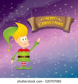 vector cartoon cute merry Christmas elf on violet sky background with christmas lights and greeting calligraphic text on old vintage paper banner ribbon. merry christmas vector illustration