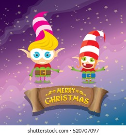 vector cartoon cute merry Christmas elf on violet sky background with christmas lights and greeting calligraphic text on old vintage paper banner ribbon. merry christmas vector illustration