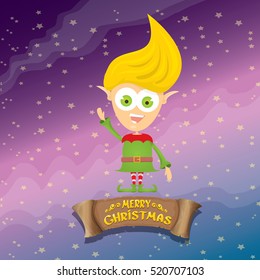 vector cartoon cute merry Christmas elf on violet sky background with christmas lights and greeting calligraphic text on old vintage paper banner ribbon. merry christmas vector illustration