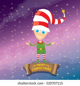 vector cartoon cute merry Christmas elf on violet sky background with christmas lights and greeting calligraphic text on old vintage paper banner ribbon. merry christmas vector illustration
