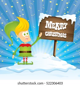 vector cartoon cute merry Christmas elf standing on winter snow landscape near wooden  sign board with greeting text merry christmas and christmas lights behind. merry christmas vector illustration