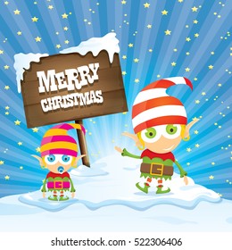 vector cartoon cute merry Christmas elf standing on winter snow landscape near wooden  sign board with greeting text merry christmas and christmas lights behind. merry christmas vector illustration