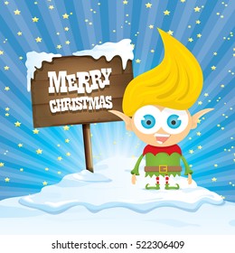 vector cartoon cute merry Christmas elf standing on winter snow landscape near wooden  sign board with greeting text merry christmas and christmas lights behind. merry christmas vector illustration