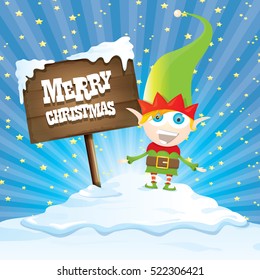 vector cartoon cute merry Christmas elf standing on winter snow landscape near wooden  sign board with greeting text merry christmas and christmas lights behind. merry christmas vector illustration