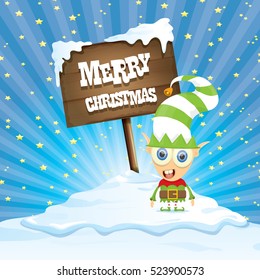 vector cartoon cute merry Christmas elf standing on winter snow landscape near wooden sign board with greeting text merry christmas and christmas lights behind. merry christmas vector illustration