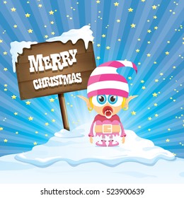 vector cartoon cute merry Christmas elf standing on winter snow landscape near wooden sign board with greeting text merry christmas and christmas lights behind. merry christmas vector illustration