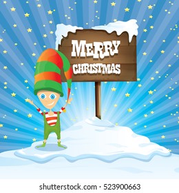 vector cartoon cute merry Christmas elf standing on winter snow landscape near wooden sign board with greeting text merry christmas and christmas lights behind. merry christmas vector illustration
