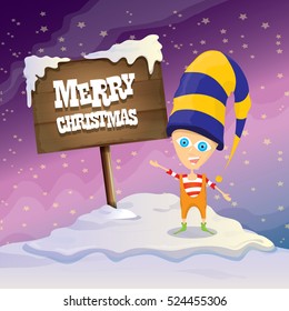 vector cartoon cute merry Christmas elf standing on winter snow landscape near wooden sign board with greeting text merry christmas and christmas lights behind. merry christmas vector illustration