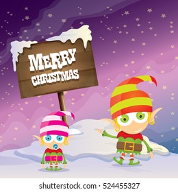 vector cartoon cute merry Christmas elf standing on winter snow landscape near wooden sign board with greeting text merry christmas and christmas lights behind. merry christmas vector illustration