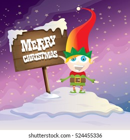 vector cartoon cute merry Christmas elf standing on winter snow landscape near wooden sign board with greeting text merry christmas and christmas lights behind. merry christmas vector illustration