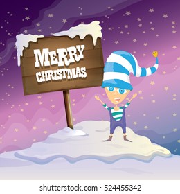 vector cartoon cute merry Christmas elf standing on winter snow landscape near wooden sign board with greeting text merry christmas and christmas lights behind. merry christmas vector illustration